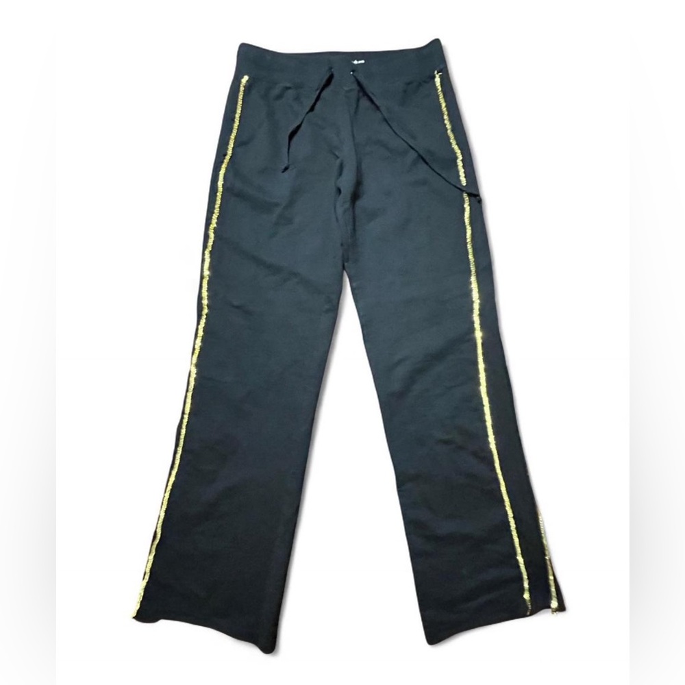 2000’s brand POOF! flare pant with gold double lined sequin strip on sides.